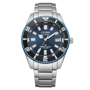 Citizen Promaster Fujitsubo NB6026-56L with blue dial, black bezel with blue edge and Super Titanium bracelet — front view