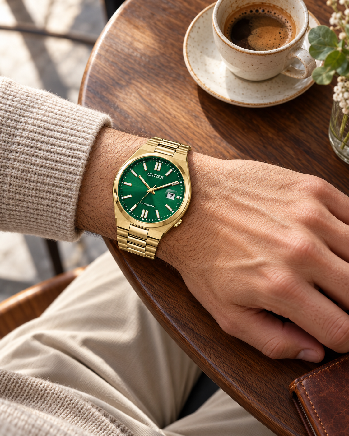 AI-generated lifestyle illustration of Citizen NJ0152-51X worn on the wrist, cafe lifestyle