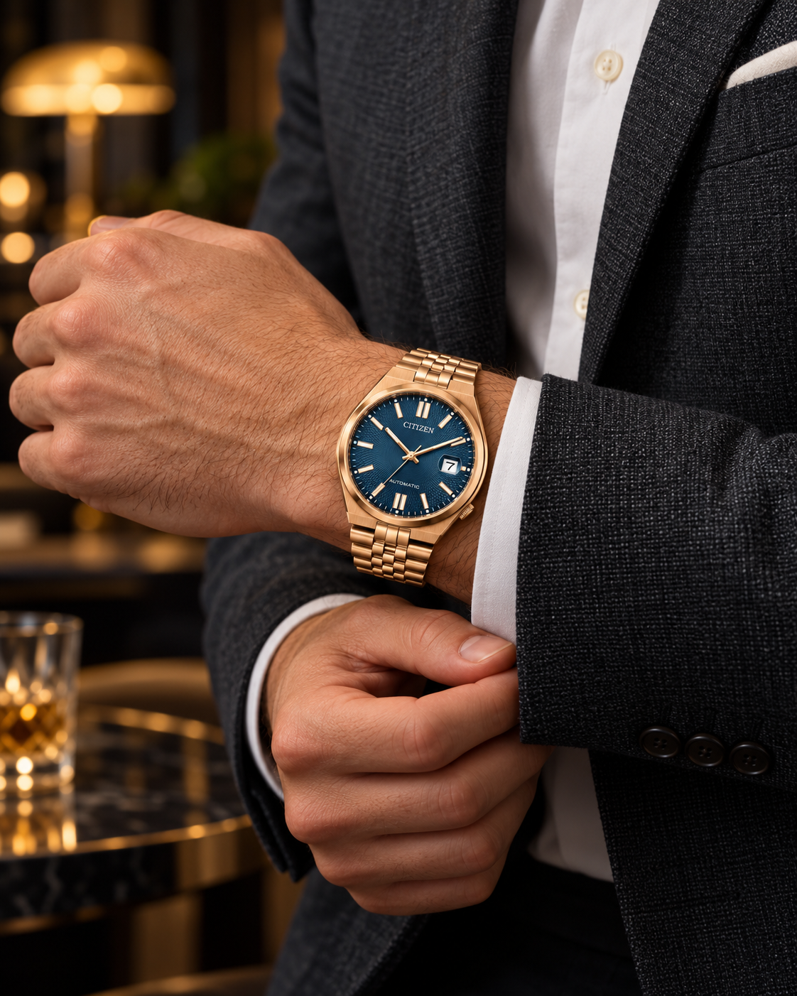 AI-generated lifestyle illustration of Citizen NK0023-57L worn with a tailored jacket
