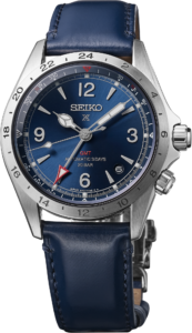 Official Seiko SPB377 Alpinist GMT with blue dial and blue leather strap, front view