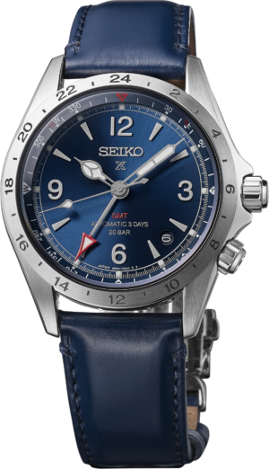 Official Seiko SPB377 Alpinist GMT with blue dial and blue leather strap, front view