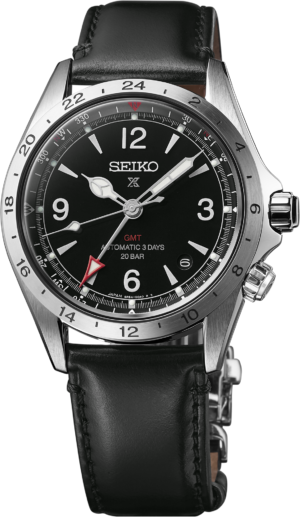 Seiko SPB379 black dial watch, front view