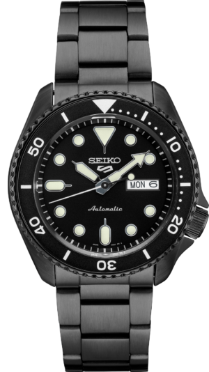 Seiko SRPD65 black dial watch, front view