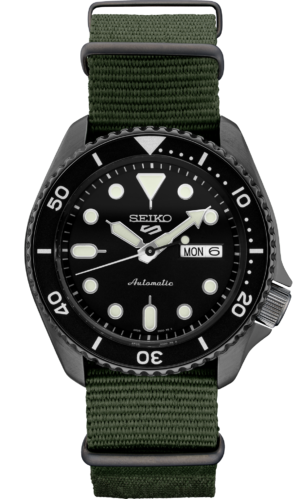 Seiko SRPD91 black dial watch, front view