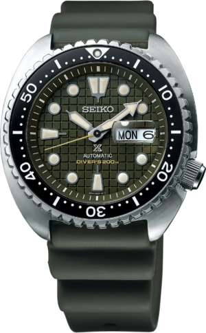 Seiko SRPE05 green dial watch, front view