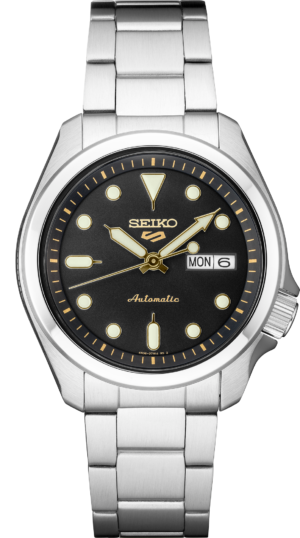 Seiko SRPE57 black dial watch, front view