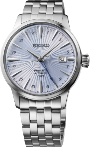Seiko SSK037 Presage Cocktail Time GMT with light blue dial and stainless steel bracelet