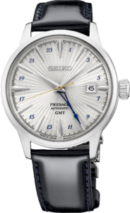 Seiko SSK049 Presage Cocktail Time GMT with silver dial and dark blue leather strap with blue stitching