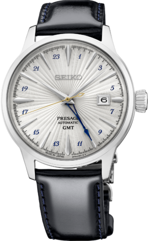 Seiko SSK049 Presage Cocktail Time GMT with silver dial and dark blue leather strap with blue stitching