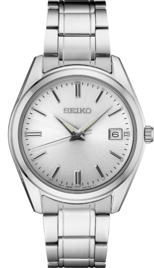 Seiko SUR307 silver dial watch, front view