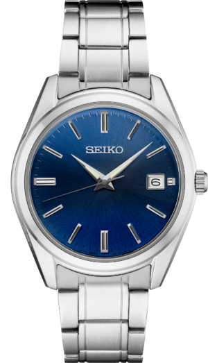 Seiko SUR309 blue dial watch, front view