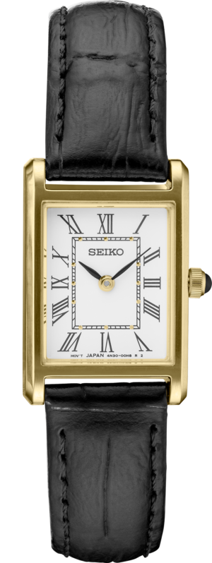 Seiko SWR054 gold-tone rectangular watch with white dial and black leather strap, view 1