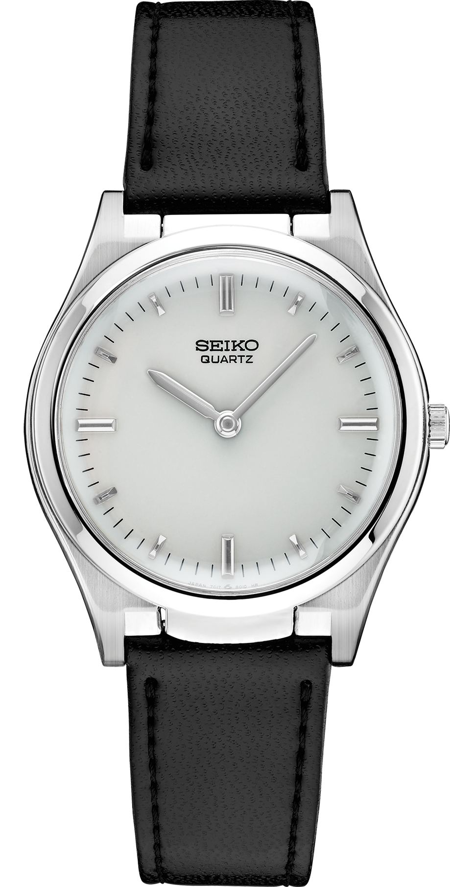 Seiko S23159 tactile quartz watch with silver dial, raised markers and black leather strap — official front view